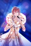  1boy berii_(cad_berry) coat collarbone fang file gloves highres hip_bones i-chu jewelry juumonji_ban male_focus microphone necklace one_eye_closed redhead short_hair smile solo white_gloves 