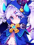  1girl belt blue_eyes chiliarch_(elsword) coat collar crown elsword eyebrows eyebrows_visible_through_hair hair_ornament hairclip hood horns hwansang long_hair long_sleeves looking_at_viewer luciela_r._sourcream midriff mini_crown navel open_mouth solo star star-shaped_pupils symbol-shaped_pupils twintails upper_body white_background white_hair 