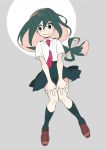  1girl :&gt; asui_tsuyu black_eyes black_hair black_legwear black_skirt boku_no_hero_academia brown_shoes commentary_request dress_shirt eyelashes from_above full_body grey_background hair_ribbon hands_on_own_knees loafers long_hair low-tied_long_hair lying mooh necktie on_back pleated_skirt red_necktie ribbon school_uniform shirt shoes short_sleeves simple_background skirt solo white_shirt wing_collar 
