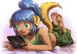  1girl animal_ears bare_shoulders barefoot blue_hair breasts camouflage camouflage_pants cleavage collarbone dark_skin dog_ears feet feet_up green_eyes handheld_game_console maxa&#039; nintendo_3ds pants ponytail smile soles solo stylus tail tank_top toes tongue tongue_out 