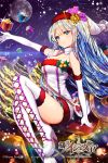  1girl age_of_ishtaria blonde_hair blue_eyes blue_hair boots breasts christmas_tree cleavage copyright_name elbow_gloves gabe_(seelunto) gift gloves hair_ornament long_hair moon multicolored_hair smile solo strapless thigh-highs thigh_boots two-tone_hair watermark white_gloves white_legwear 