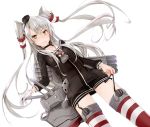  1girl akatsuki_hijiri amatsukaze_(kantai_collection) choker collarbone cowboy_shot dress dutch_angle garter_straps gloves grey_hair hair_tubes headgear kantai_collection long_hair looking_at_viewer red_legwear rensouhou-kun sailor_dress simple_background single_glove solo strap_pull striped striped_legwear thigh-highs torpedo two_side_up wavy_mouth white_background white_gloves yellow_eyes 