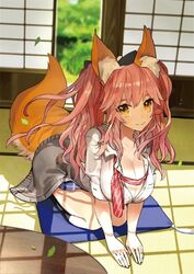  1girl animal_ears black_legwear blush bow breasts caster_(fate/extra) cleavage fate/extra fate_(series) fox_ears fox_tail fusuma hair_bow kneehighs large_breasts long_hair pink_hair plaid plaid_skirt seiza sitting skirt sliding_doors smile solo tail unbuttoned wada_aruko yellow_eyes 