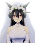  1girl bangs bare_shoulders black_hair breasts bridal_gauntlets commentary_request dress hair_between_eyes head_wreath headgear ikeshita_moyuko kantai_collection lace large_breasts long_hair looking_at_viewer nagato_(kantai_collection) red_eyes smile wedding_dress white_background 