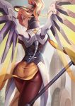  1girl ass blonde_hair blue_eyes bodysuit dantewontdie headgear highres holding_staff loincloth looking_back mechanical_wings mercy_(overwatch) overwatch pantyhose parted_lips pelvic_curtain pink_lips ponytail profile red_legwear short_hair solo transparent walking wings 