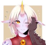  1girl ? ?? bangs blush draven eyebrows eyebrows_visible_through_hair eyelashes flying_sweatdrops gem gloves hand_on_another&#039;s_face highres horn jewelry league_of_legends long_hair looking_at_viewer one_eye_closed otani_(kota12ro08) parted_bangs petting pointy_ears ponytail pov purple_skin simple_background solo_focus soraka spikes tattoo translated twitter_username white_hair yellow_eyes 