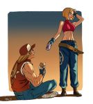  1boy 1girl baseball_cap blonde_hair blue_mary blush bob_cut breasts crop_top denim drink eating fatal_fury food food_on_face hat jeans midriff muscle pants sandwich sitting sleeveless soda_can terry_bogard the_king_of_fighters tim_yan tsundere 