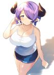  1girl alternate_hair_length alternate_hairstyle arm_at_side blue_shorts braid breasts cleavage collarbone granblue_fantasy grey_eyes hair_over_one_eye hand_up highres horns large_breasts looking_at_viewer narumeia_(granblue_fantasy) one_eye_covered pointy_ears purple_hair shadow short_hair shorts sleeveless smile solo tank_top ultone_(neisiss) walking white_background 