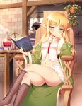  1boy 1girl black_panties blonde_hair blue_eyes blush book boots brown_hair chair chin_rest dust duster dusting edita_(tanaka_the_wizard) flask head_scarf long_hair m-da_s-tarou midriff navel panties pointy_ears reading robe sitting skirt solo_focus steam tanaka_the_wizard test_tube underwear 