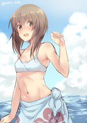  1girl armpits bikini bikini_top blue_sky blush brown_eyes brown_hair clouds flat_chest kantai_collection looking_at_viewer maruki_(punchiki) navel open_mouth sarong short_hair sky solo stomach swimsuit taihou_(kantai_collection) twitter_username water 