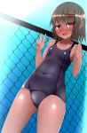  1girl black_hair blush collarbone covered_navel dark_skin dutch_angle fang fence hair_ornament hairclip highres looking_at_viewer open_mouth original school_swimsuit short_hair small_breasts smile solo souma_(ordures) sweat swimsuit tan thighs v 
