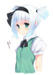  1girl =3 alternate_hairstyle black_bow black_bowtie black_ribbon blush bow bowtie buttons commentary_request green_eyes green_vest hair_ribbon hairband highres konpaku_youmu looking_at_viewer nigo_(aozoragarou) puffy_short_sleeves puffy_sleeves ribbon short_hair short_sleeves solo touhou translated two_side_up upper_body white_hair 