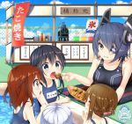  5girls 5han akatsuki_(kantai_collection) alternate_costume aqua_eyes bare_shoulders black_hair brown_eyes brown_hair closed_eyes eating eyepatch feeding folded_ponytail food headgear hibiki_(kantai_collection) highres ikazuchi_(kantai_collection) inazuma_(kantai_collection) kantai_collection long_hair multiple_girls open_mouth school_swimsuit short_hair silver_hair swimsuit takoyaki tenryuu_(kantai_collection) translated 