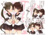  1boy 2girls admiral_(kantai_collection) ayanami_(kantai_collection) blush brown_eyes brown_hair commentary_request hair_ribbon interlocked_fingers kantai_collection long_hair looking_at_viewer multiple_girls open_mouth ponytail ribbon school_uniform serafuku shikinami_(kantai_collection) short_hair side_ponytail skirt suzuki_toto translation_request 