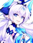  1girl bangs bare_shoulders blue_eyes elbow_gloves elsword eyebrows eyebrows_visible_through_hair fangs gloves hair_between_eyes horns hwansang long_hair looking_at_viewer luciela_r._sourcream noblesse_(elsword) open_mouth pointy_ears smile solo strapless symbol-shaped_pupils upper_body white_hair 