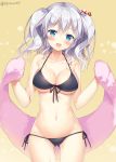  1girl bikini black_bikini blue_eyes blush breasts cleavage collarbone commentary_request front-tie_top hair_ribbon kashima_(kantai_collection) large_breasts long_hair looking_at_viewer navel open_mouth ribbon side-tie_bikini sidelocks silver_hair solo sousouman swimsuit towel tsurime twintails wavy_hair wet 