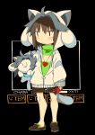  1girl blush_stickers brown_hair chara_(undertale) chocolate_bar fang food green_sweater heart hood hooded hoodie jewelry kaida_michi long_hair necklace red_eyes shoes shorts striped sweater tail temmie turtleneck undertale 