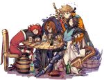  4boys armor barrel black_hair blonde_hair bottle brown_hair drunk flying_sweatdrops gloves granblue_fantasy lancelot_(granblue_fantasy) long_hair looking_at_another male_focus multiple_boys percival_(granblue_fantasy) red_eyes redhead shida_(xwheel) short_hair siegfried_(granblue_fantasy) simple_background sleeping sword table vane_(granblue_fantasy) weapon white_background 