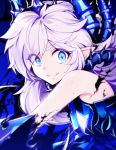  +_+ 1girl armor asymmetrical_clothes bare_shoulders blue_eyes crazy_eyes crazy_smile darkness diabla_(elsword) elsword eyebrows eyes_visible_through_hair fang grin hair_over_one_eye horns hwansang long_hair looking_at_viewer luciela_r._sourcream official_art pointy_ears skirt smile solo spikes symbol-shaped_pupils tail thorns white_hair 