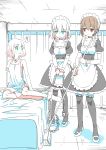  3girls absurdres apron bandages barikiosu bars bed chain clone collar commentary_request cuffs dress dungeon frills green_eyes highres maid maid_apron maid_headdress multiple_girls original red_eyes short_hair skirt tagme 