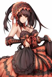  1girl black_hair clock_eyes date_a_live headdress heterochromia lolita_fashion lolita_headband long_hair red_eyes smile tokisaki_kurumi twintails yellow_eyes 