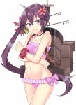 1girl 501092-taka akebono_(kantai_collection) anger_vein angry bare_shoulders bell bikini blush flower frilled_bikini frills hair_bell hair_flower hair_ornament jingle_bell kantai_collection long_hair looking_at_viewer machinery navel open_mouth pink_bikini purple_hair scrunchie side_ponytail swimsuit very_long_hair violet_eyes wrist_scrunchie 