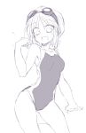  1girl alice_margatroid bangs commentary_request competition_swimsuit goggles goggles_on_head hand_up looking_at_viewer monochrome one-piece_swimsuit open_mouth satou_kibi simple_background sketch smile swimsuit touhou water_drop white_background 