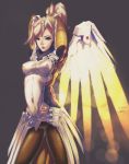  1girl 2016 arms_behind_head arms_up artist_name backlighting blonde_hair blue_eyes bodysuit breasts covered_navel covered_nipples cowboy_shot dated glowing glowing_wings grey_background high_ponytail highres joshua_schmidt lips long_hair looking_at_viewer mechanical_halo mechanical_wings mercy_(overwatch) overwatch pantyhose ponytail signature simple_background solo wings 