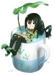  1girl :&gt; asui_tsuyu bangs black_eyes black_hair boku_no_hero_academia closed_mouth cup dripping eyebrows eyebrows_visible_through_hair footprints full_body gloves hair_between_eyes hair_rings hands_on_thighs highres in_container in_cup leaf_umbrella long_hair long_sleeves looking_at_viewer low-tied_long_hair minigirl mug murakami_hisashi oversized_object pantyhose partially_submerged paw_gloves paw_shoes shoes simple_background sitting solo unitard water_drop wet wet_hair white_background 