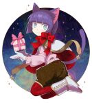  1girl :&lt; androgynous animal_ears bangs blue_eyes blunt_bangs bob_cut boots bow capelet cat_ears cat_tail commentary_request full_body gift gloves kuroi kuroinyan long_sleeves looking_at_viewer looking_to_the_side multicolored_eyes night night_sky original pixiv_fantasia pixiv_fantasia_new_world purple_hair red_legwear red_ribbon ribbon short_hair sky solo star sweater tail white_background white_boots white_gloves 