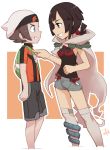  1boy 1girl backpack bag brown_eyes brown_hair cape green_eyes grin hair_bobbles hair_ornament halter_top halterneck hat higana_(pokemon) hosituyosi pokemon pokemon_(game) pokemon_oras poking ponytail short_shorts shorts smile sweatdrop yuuki_(pokemon)_(remake) 