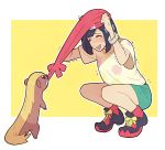  1girl armpit_peek beanie black_hair bra_peek bracelet female_protagonist_(pokemon_sm) gojya hat jewelry open_mouth pokemon pokemon_(creature) pokemon_(game) pokemon_sm red_hat shirt shoes short_hair short_shorts shorts sneakers squatting sweat t-shirt trembling wide_sleeves yungoos 