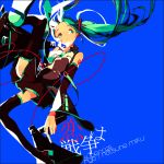  1girl aqua_eyes aqua_hair aqua_necktie black_boots black_legwear blue_background boots character_name detached_sleeves floating_hair hatsune_miku holding koi_wa_sensou_(vocaloid) long_hair long_sleeves looking_to_the_side lucarios megaphone necktie pleated_skirt skirt solo song_name thigh-highs thigh_boots twintails very_long_hair vocaloid 