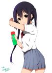  1girl black_hair blush brown_eyes commentary_request holding holding_bottle k-on! long_hair looking_at_viewer nakano_azusa open_mouth pleated_skirt ragho_no_erika school_uniform skirt solo twintails 
