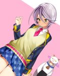  1girl blue_skirt from_below gabe_(seelunto) green_eyes necktie panties pantyshot pantyshot_(standing) pleated_skirt pripara red_necktie school_uniform shikyouin_hibiki short_hair silver_hair skirt standing underwear white_panties 