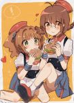  ! 2girls :3 :t akizuki_ritsuko antenna_hair blush brown_eyes brown_hair eating food glasses green_eyes hamburger heart highres idolmaster multiple_girls nishina_ryo orange_hair spoken_exclamation_mark star star-shaped_pupils symbol-shaped_pupils takatsuki_yayoi thighs twintails 