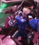  1girl ;) arm_up breasts brown_eyes brown_hair cockpit d.va_(overwatch) facepaint facial_mark from_above gloves goomrrat hand_gesture large_breasts long_hair looking_at_viewer machinery one_eye_closed outstretched_arm overwatch self_shot smile taking_picture teeth viewfinder w whisker_markings white_gloves 
