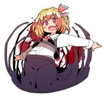  1girl black_vest blonde_hair blood blood_splatter blush blush_stickers cowboy_shot darkness fang hair_ribbon ini_(inunabe00) necktie open_mouth outstretched_arms red_eyes red_necktie red_ribbon ribbon rumia shirt short_hair solo touhou transparent_background white_shirt 