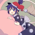  1girl :3 animal_ears blob blue_eyes blue_hair blush book buna_shimeji_(keymush) doremy_sweet dress grey_background hair_between_eyes hat looking_at_viewer lying nightcap open_mouth pom_pom_(clothes) red_hat short_hair short_sleeves smile solo tail tapir_ears touhou 