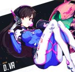  1girl armor bangs bodysuit boots breasts brown_eyes brown_hair bubble_blowing bubblegum bunny_print character_name d.va_(overwatch) facial_mark gloves gum hand_up handheld_game_console headphones high_collar highres hwansang large_breasts long_hair overwatch pauldrons pilot_suit playing_games playstation_vita rabbit skin_tight solo thigh-highs thigh_boots turtleneck whisker_markings white_boots white_gloves 