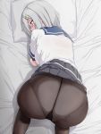  1girl all_fours ass bed_sheet black_legwear black_skirt blue_eyes blush bra from_above from_behind gusset hair_ornament hairclip hamakaze_(kantai_collection) kantai_collection odaodaoaoda panties panties_under_pantyhose pantyhose pillow profile sailor_collar school_uniform see-through serafuku silver_hair skirt solo underwear white_bra 