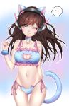  1girl ;) ;3 absurdres animal_ears bangs bell bell_choker bell_collar blue_background blue_bra blue_panties blush bra breasts brown_eyes brown_hair cat_cutout cat_ear_panties cat_ears cat_lingerie cat_tail choker cleavage_cutout collar collarbone cowboy_shot d.va_(overwatch) facial_mark fang fang_out frilled_bra frills gradient gradient_background head_tilt headphones highres jingle_bell long_hair looking_at_viewer navel outline overwatch panties purple_background side-tie_panties smile solo spoken_expression swept_bangs tail thigh_gap twitter_username underwear underwear_only vumii whisker_markings white_background wink 