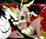 1girl beltbra blonde_hair breasts cape cleavage colored_eyelashes dark_skin expressionless guilty_gear guilty_gear_xrd hat long_hair orange_eyes ramlethal_valentine short_shorts shorts under_boob white_cape 