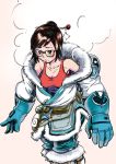  1girl absurdres collarbone commentary cowboy_shot frown fur_collar fur_trim glasses gloves hair_ornament hairpin highres hot mei_(overwatch) monochrome_background nakahara_keihei outfit overwatch steam sweat tank_top traditional_media 