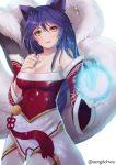  1girl ahri animal_ears bare_shoulders blue_hair blush breasts cleavage detached_sleeves eyebrows eyelashes facial_mark fang fox_ears fox_tail hair_between_eyes hanato_(seonoaiko) hand_on_own_chest korean_clothes large_breasts league_of_legends light_smile lips long_hair multiple_tails simple_background slit_pupils smile solo tail twitter_username whisker_markings white_background yellow_eyes 