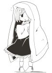  1girl blanket dress drooling jagabutter looking_at_viewer monochrome pigeon-toed pillow ribbon rumia sleepy socks solo standing touhou under_covers 