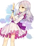  1girl dagger dress falulu fusion gabe_(seelunto) green_eyes holding holding_weapon long_hair pripara shikyouin_hibiki signature silver_hair solo weapon white_background 