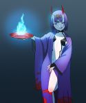  1girl :d :q bad_id bangs blue_eyes blue_fire blunt_bangs dish eyebrows eyebrows_visible_through_hair fate/grand_order fate/stay_night fate_(series) fire flame hair_ornament hand_on_own_stomach highres hitodama horns japanese_clothes kimono knee_up looking_at_viewer navel oni oni_horns open_clothes open_kimono open_mouth outstretched_arm purple_hair revision sakazuki short_hair shuten_douji_(fate/grand_order) smile solo tongue tongue_out white_skin wide_sleeves yue_(tada_no_saboten) 