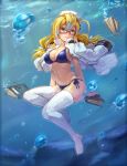  1girl adapted_costume bikini blonde_hair blue_eyes book glasses hat i-8_(kantai_collection) jacket kantai_collection low_twintails military military_uniform naval_uniform peaked_cap red-framed_glasses semi-rimless_glasses solo swimsuit thigh-highs twintails underwater uniform white_legwear xion 