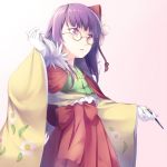  1girl bespectacled capelet commentary_request cowboy_shot floral_print flower forbidden_scrollery glasses gloves hair_flower hair_ornament hakama hieda_no_akyuu japanese_clothes kimono long_sleeves midorino_eni parted_lips pen purple_hair red-framed_glasses solo touhou violet_eyes white_gloves wide_sleeves 